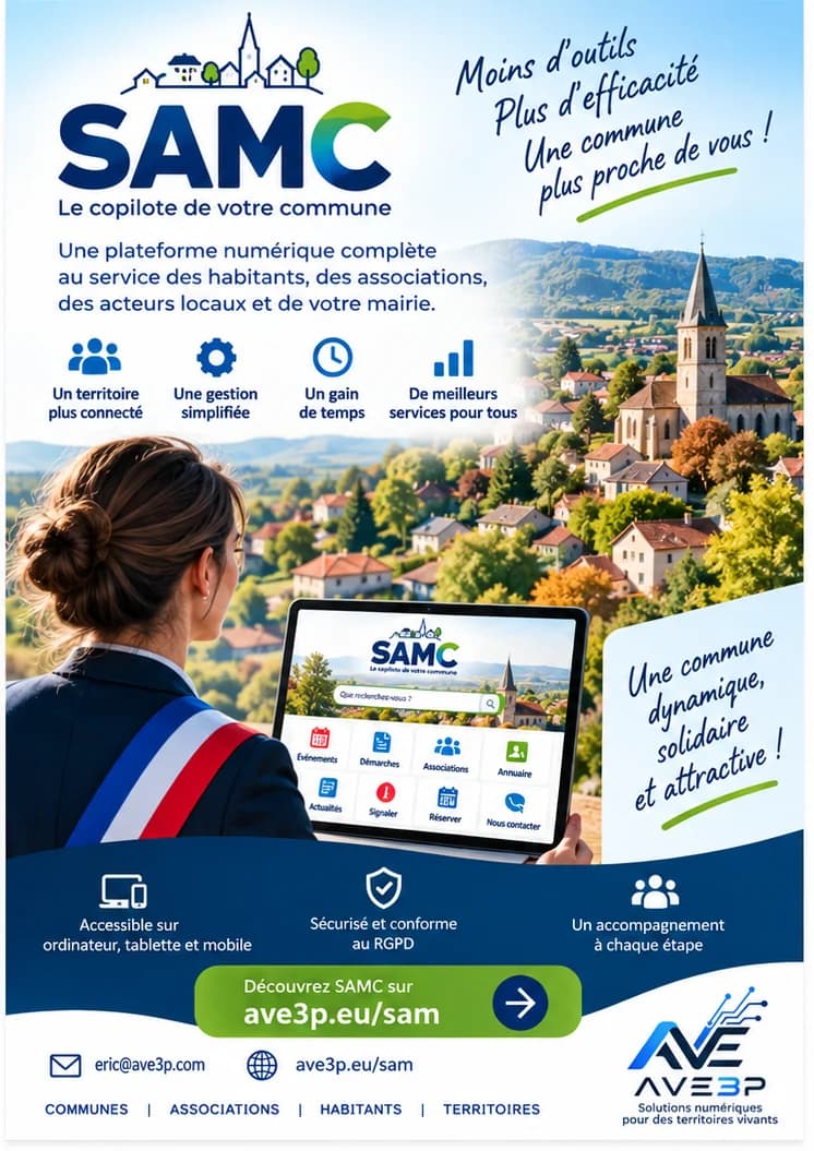 Recto du flyer SAMC : « Le copilote de votre commune », une plateforme numérique complète au service des habitants, des associations, des acteurs locaux et de la mairie.