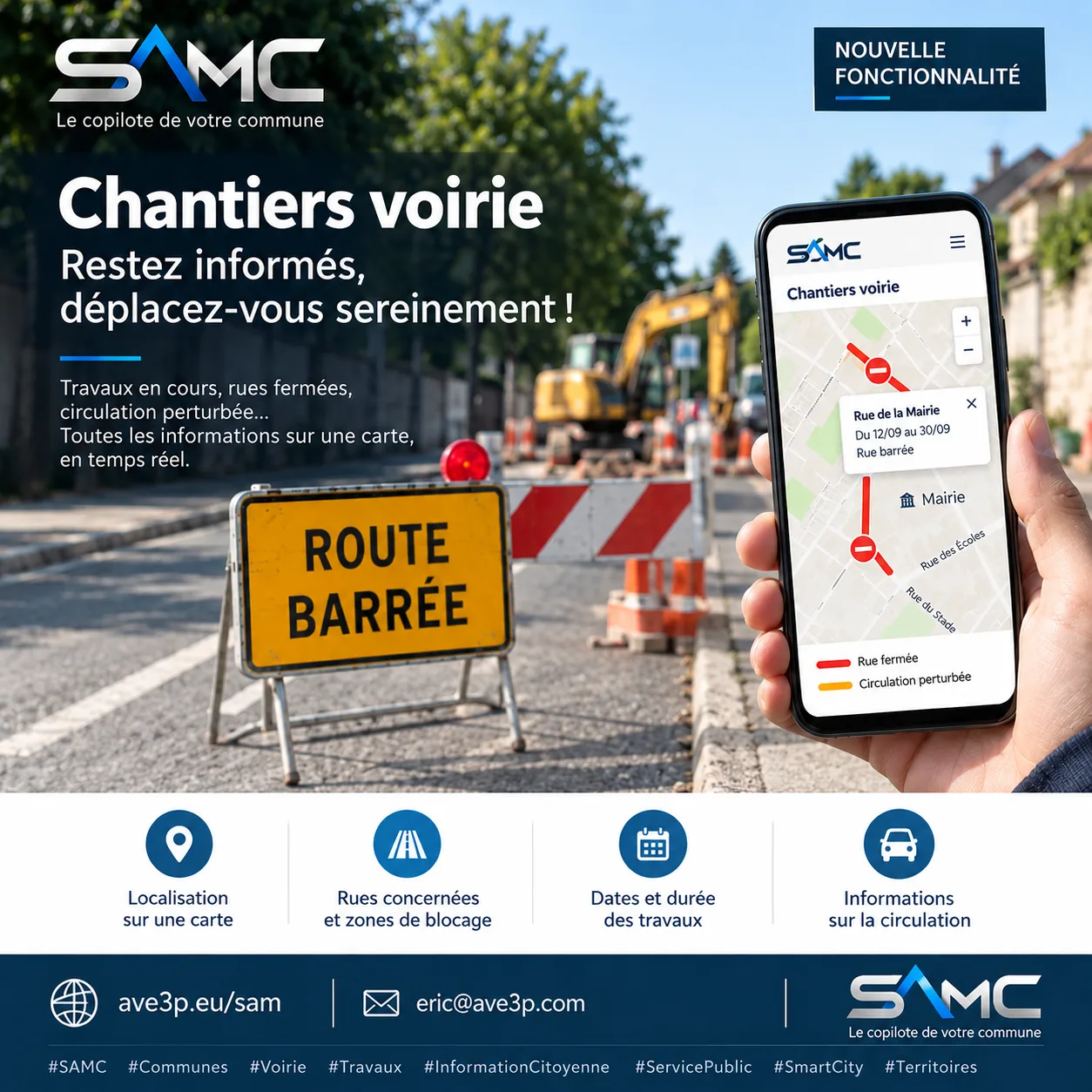 SAMC Chantiers : carte des travaux de voirie affichée sur un téléphone, avec les rues fermées et les dates d'intervention