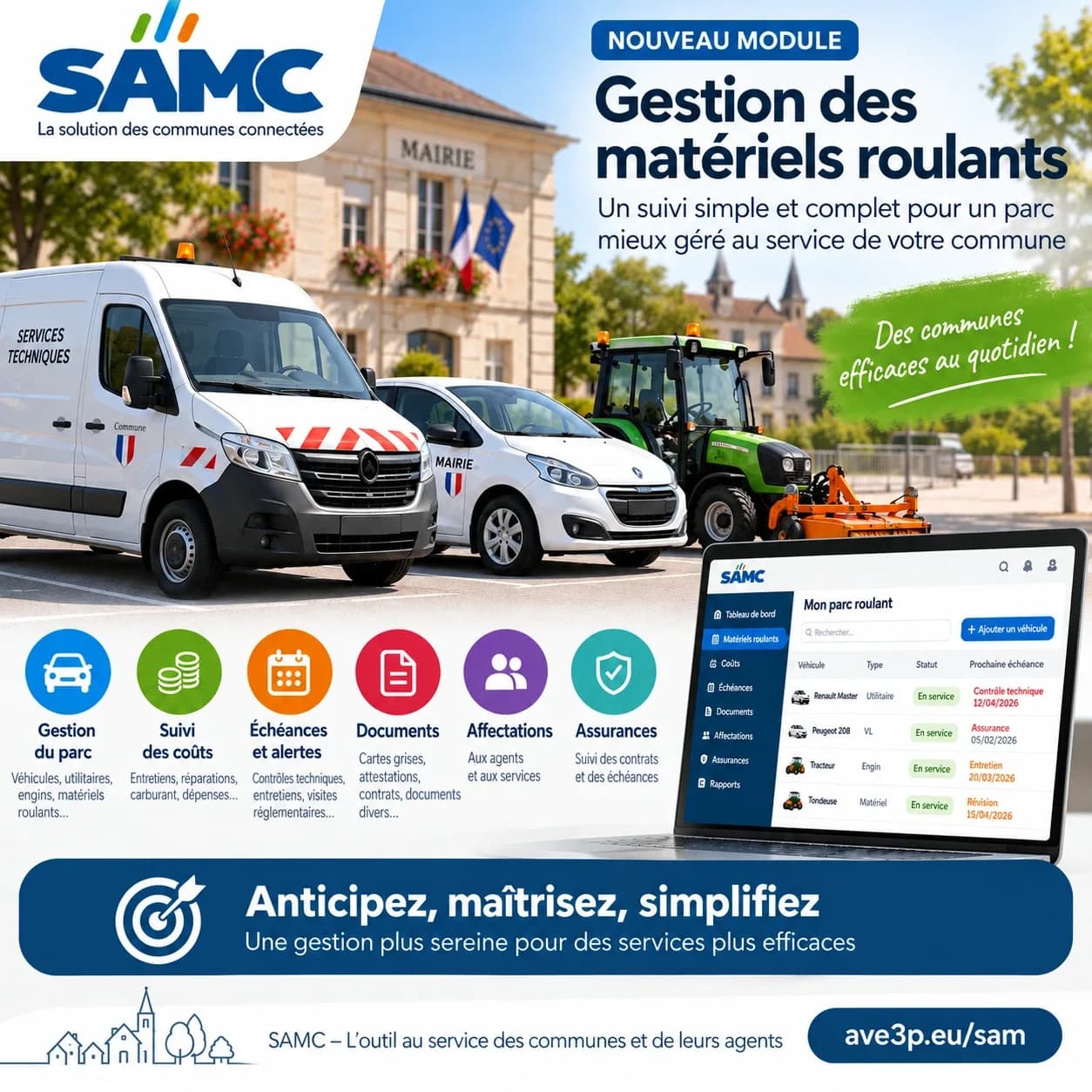 Module de gestion des matériels roulants : véhicules communaux devant la mairie et tableau de bord du parc avec les prochaines échéances