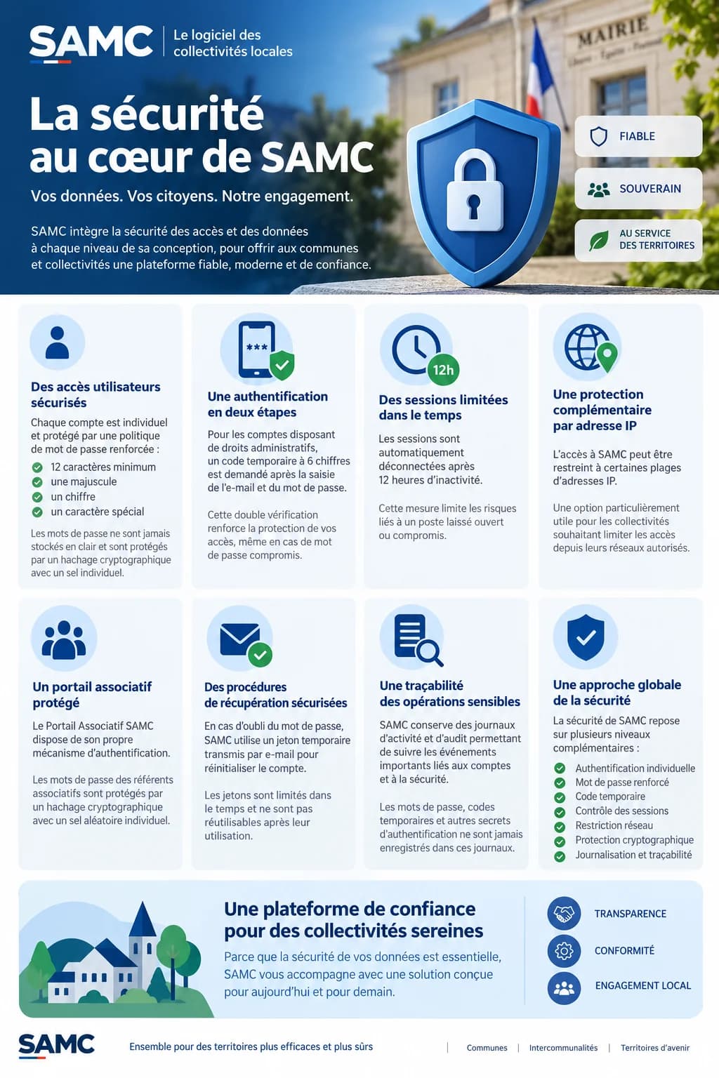 Infographie « La sécurité au cœur de SAMC » : accès sécurisés, authentification en deux étapes, sessions limitées, restriction par adresse IP, portail associatif protégé, récupération sécurisée, traçabilité et approche globale.