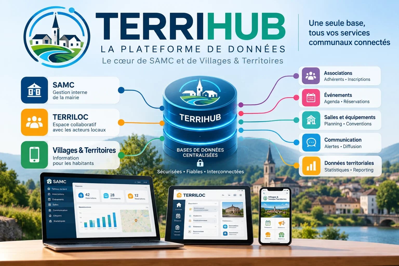 Infographie TERRIHUB, la plateforme de données au cœur de SAMC et de Villages & Territoires : une base centralisée, sécurisée, fiable et interconnectée relie SAMC (gestion interne de la mairie), TERRILOC (espace collaboratif avec les acteurs locaux) et Villages & Territoires (information pour les habitants), autour des associations, des événements, des salles et équipements, de la communication et des données territoriales.
