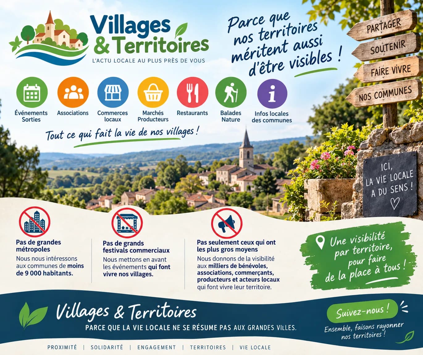Visuel de campagne détaillant les sept rubriques et le parti pris éditorial de Villages et Territoires